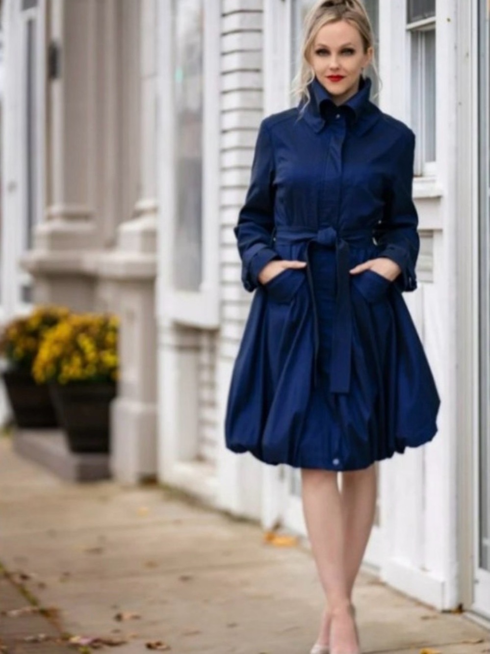 Samuel Dong Navy Belted Bubble Hem Dress Coat XS